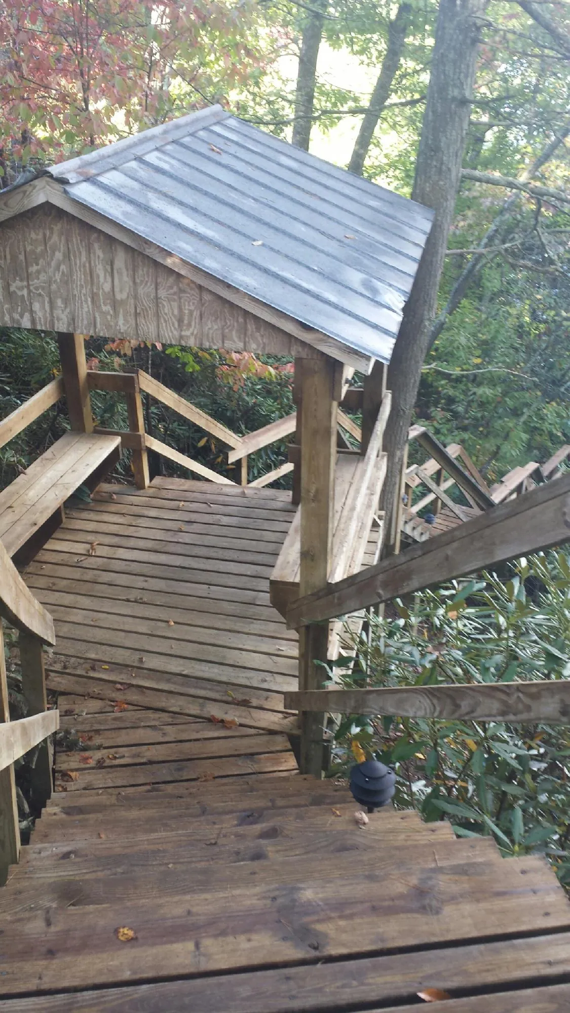 Metal roofed shelter over wooden steps on a wooded walkway — Skylight Repair & Installation work by our crew in Kittrell